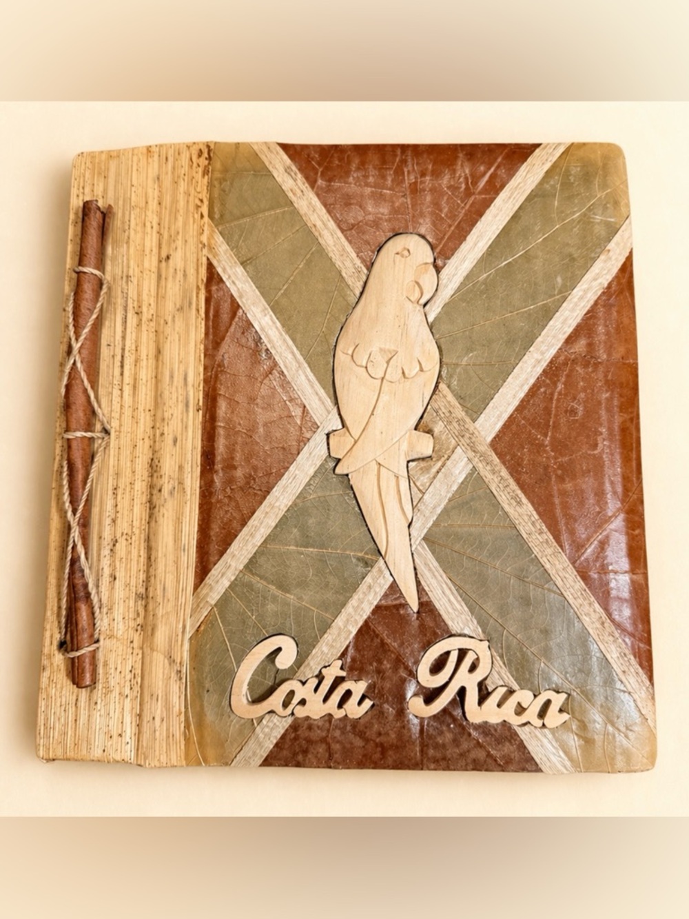 VTG Costa Rica Handmade Leaf & Wood Photo Album Parrot 3D MCM Souvenir